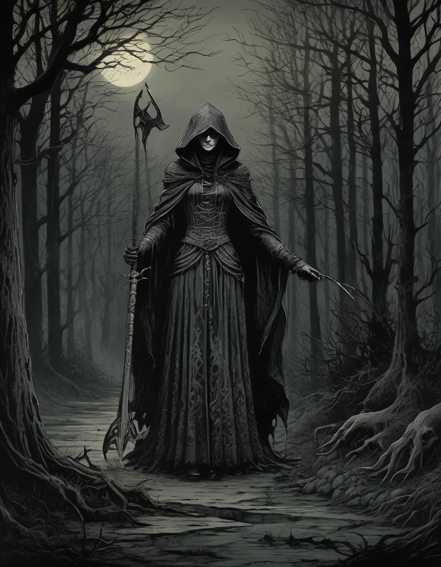 Eerie Gatekeeper and Girl in Mystical Realm