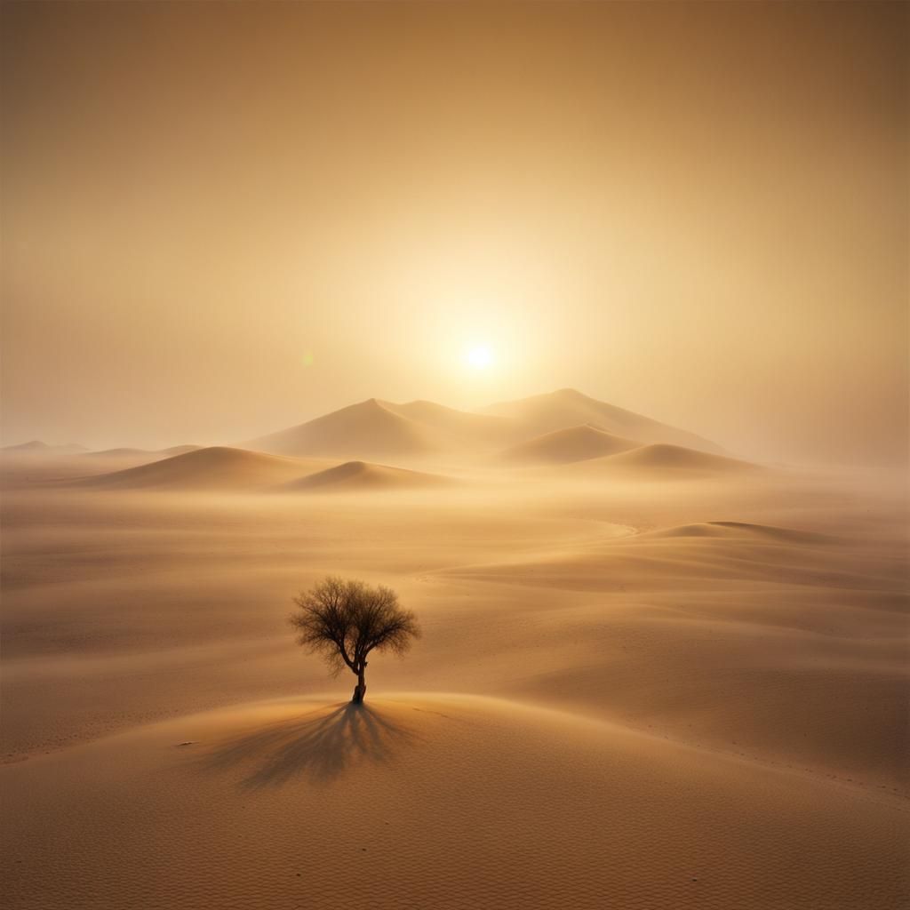 Desert Landscape with Mist, Golden Hour, Surreal Photography