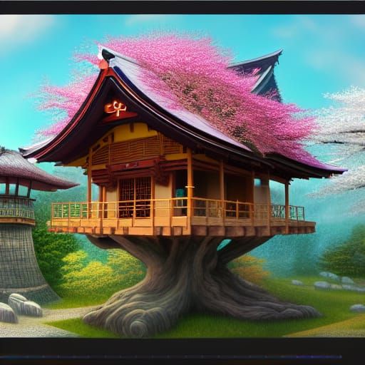 Japanese Cherry Blossom Treehouse in Detailed Matte Painting