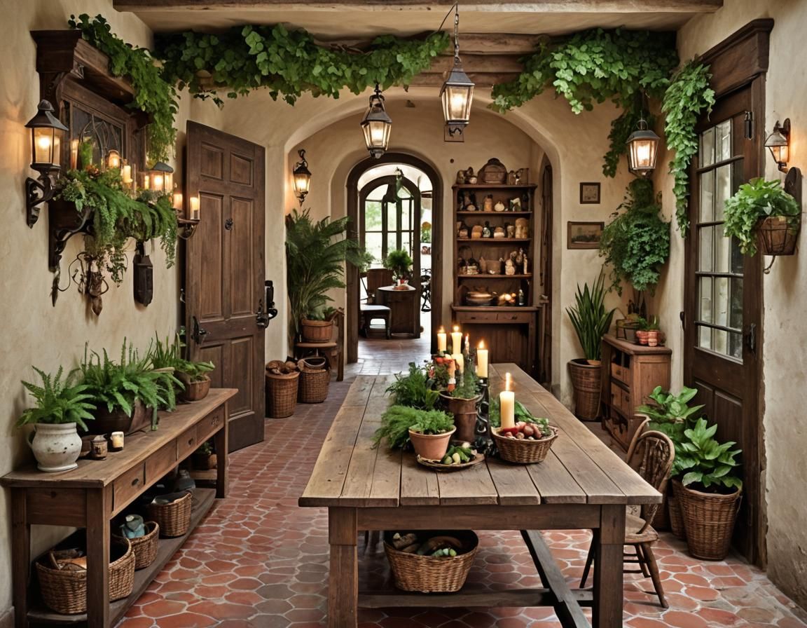 Rustic Foyer with Wood and Wrought Iron