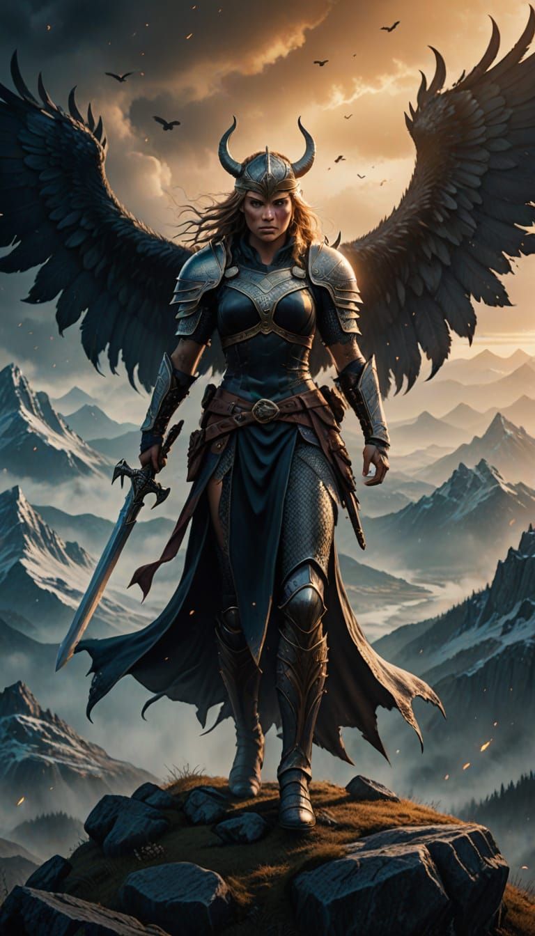 Viking Warrior Valkyrie Stands Vigilant on Misty Mountain Pe...