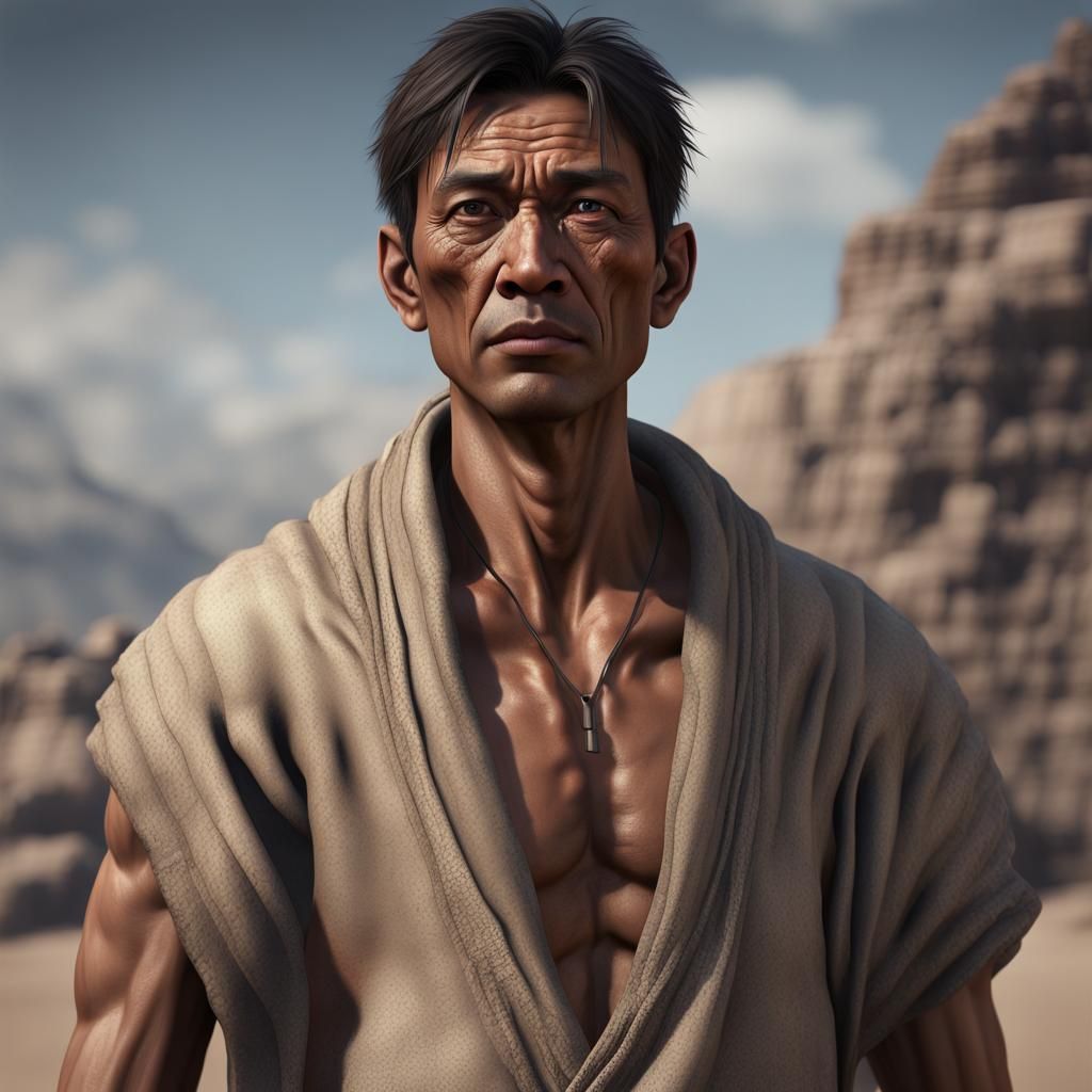 Wondering Asian Man in Detailed Matte Painting