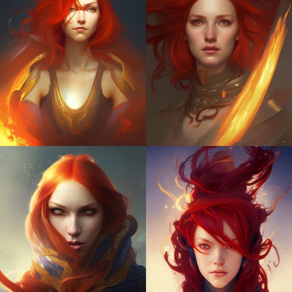 medieval gracious battle mage with red hair golden aura