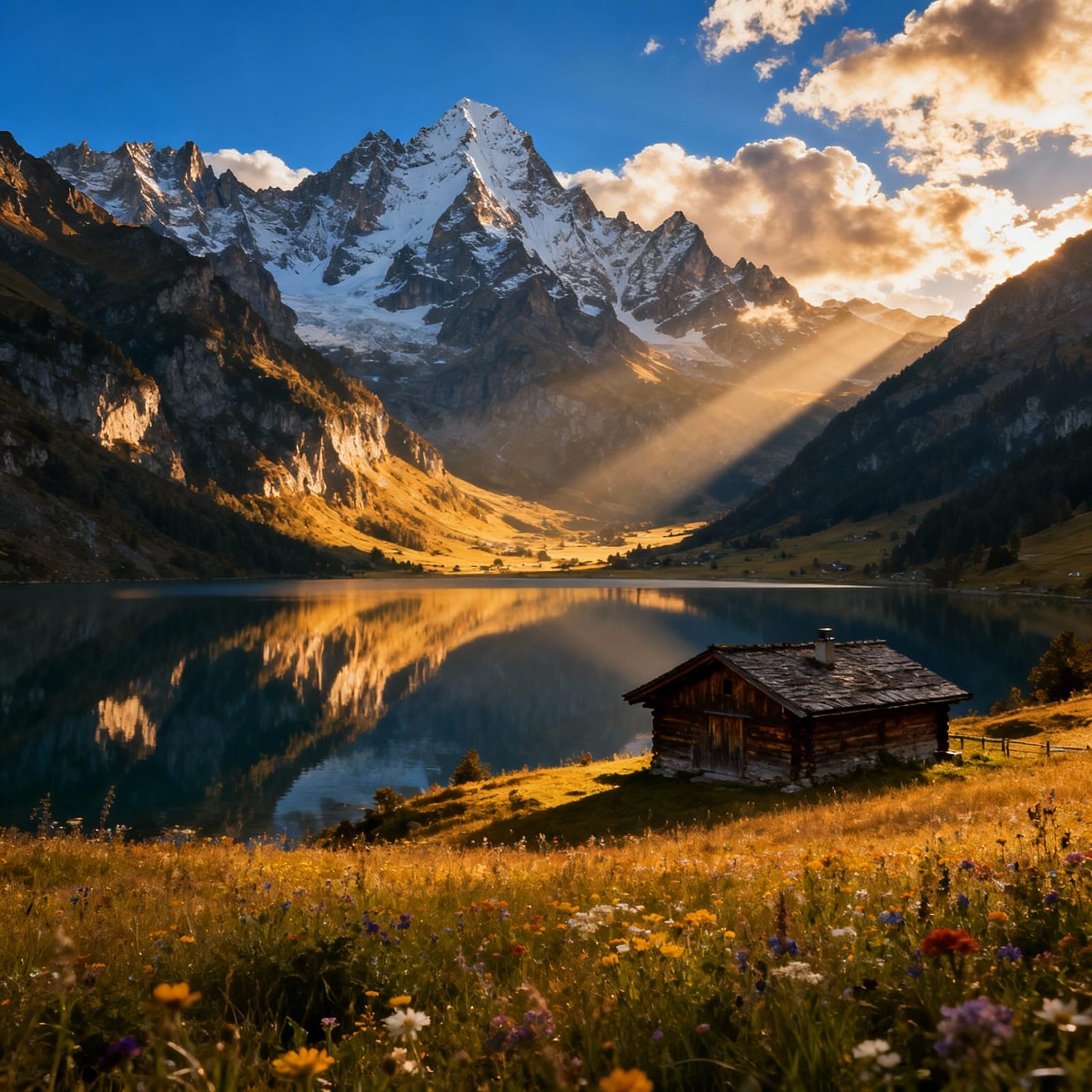 Golden Hour Alpine Panorama with Mountain Lake and Chalet