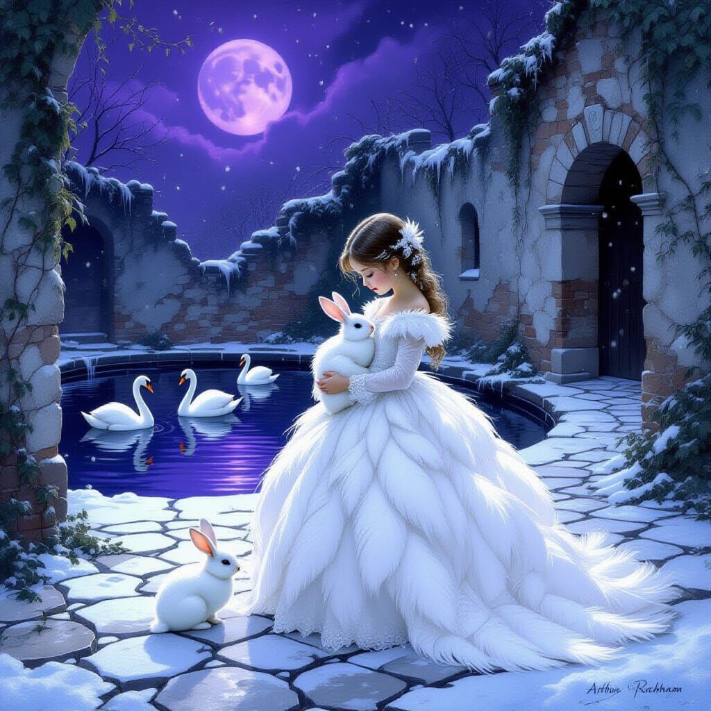Girl With Swan Dress and Rabbit Under Purple Moon