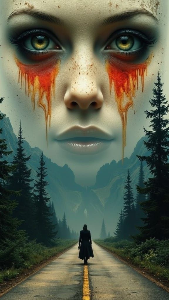 Ethereal Woman Gazing Upon a Haunting Mountainous Landscape