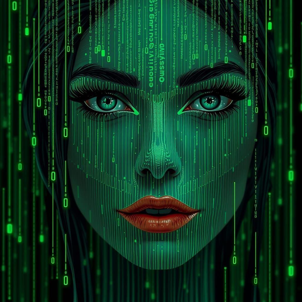 Cyberpunk Code Face in Matrix Aesthetic