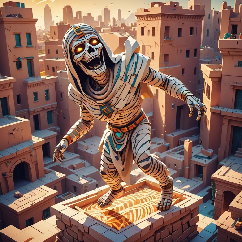 Whimsical Mummy's Rooftop Leap: Low-Poly 3D Art