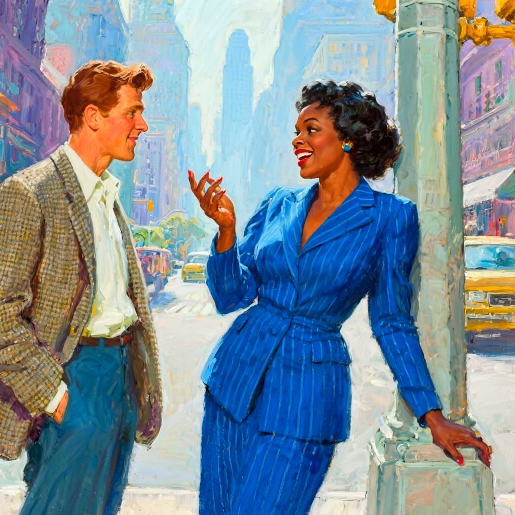 Retro Street Scene: Impressionistic Encounter in Blue