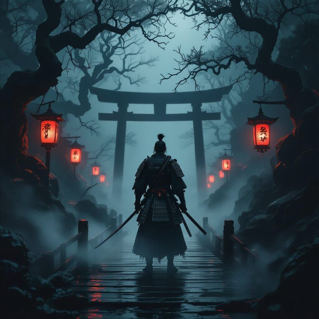 Samurai on Misty Bridge in Giger-Inspired Forest
