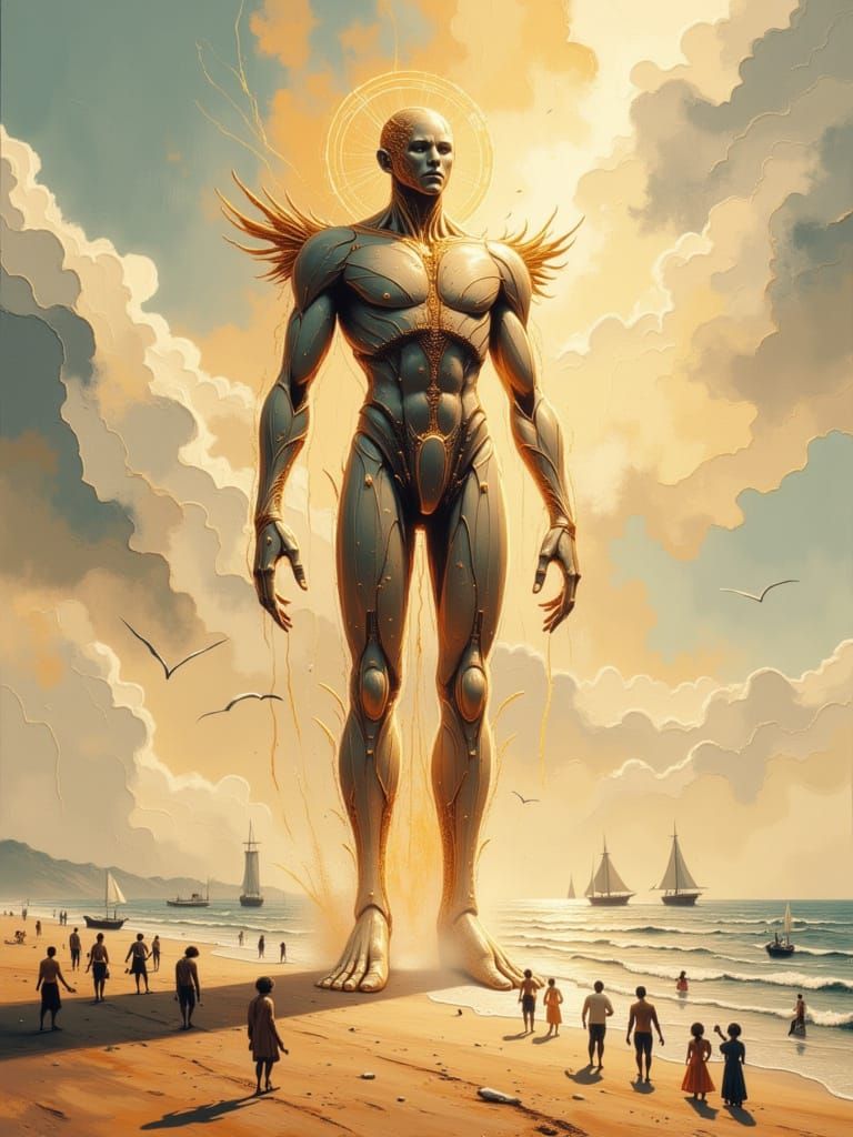 Colossal Radiant Being on Sunlit Beach