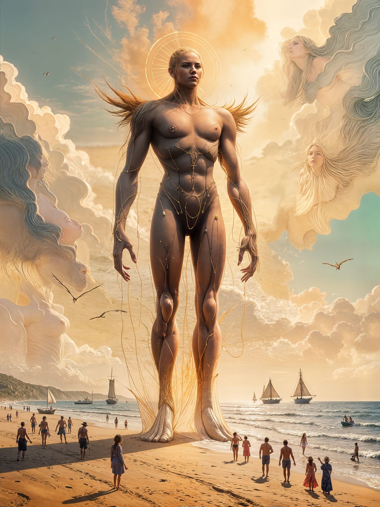 Colossal Radiant Being on Sunlit Beach