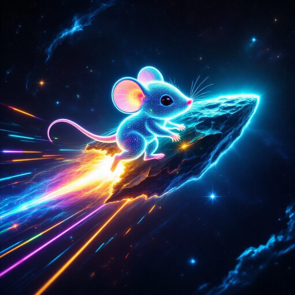 Aqua Chibi Mouse Made of Lasers on Meteor