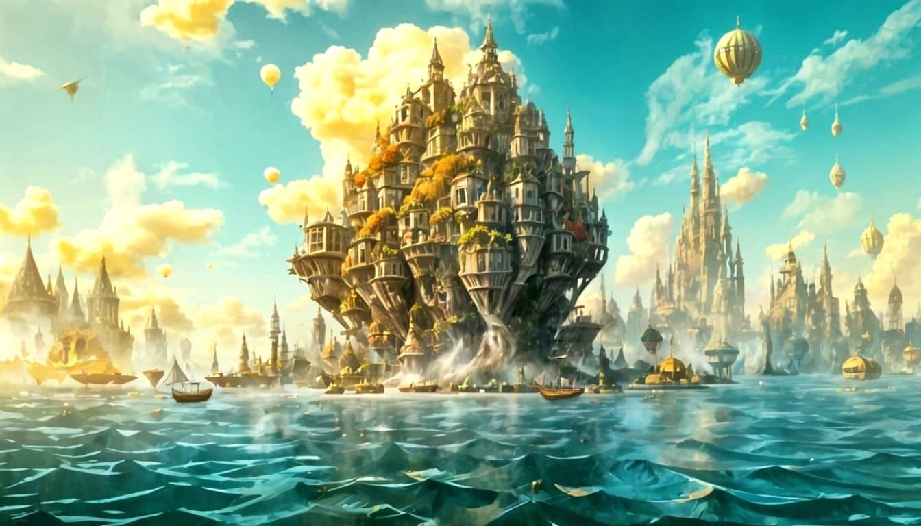 Alien Merchant at Floating City Bazaar in Watercolor Style