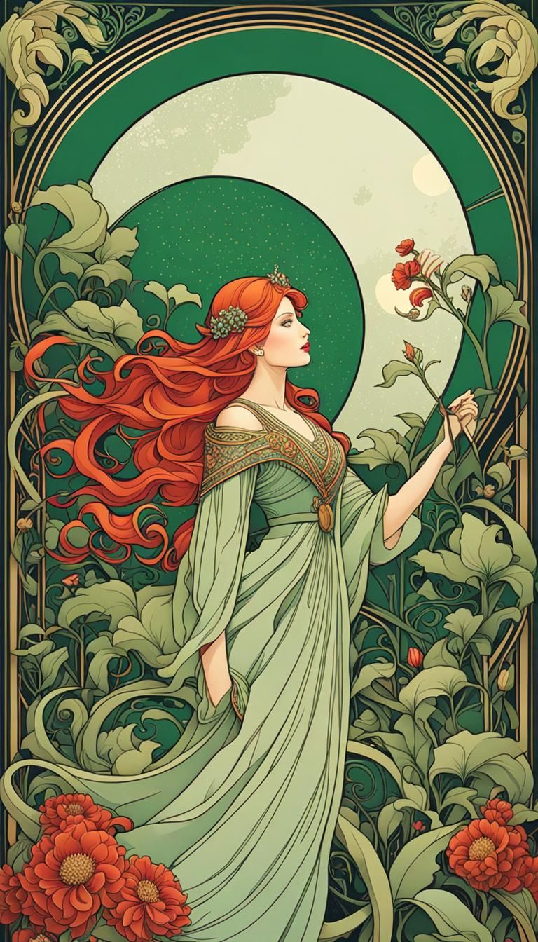 Art Nouveau Moon Goddess and Winter Wolf