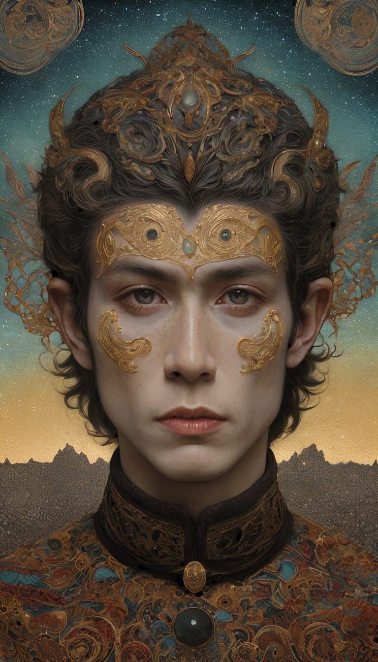 Psychedelic Monkey Man in Moonscape Pointillism Portrait