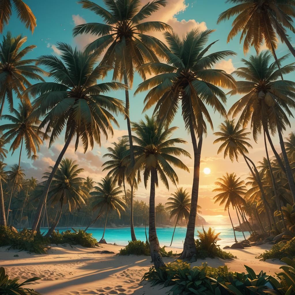 Golden Sunset Palm Beach in Art Deco Style