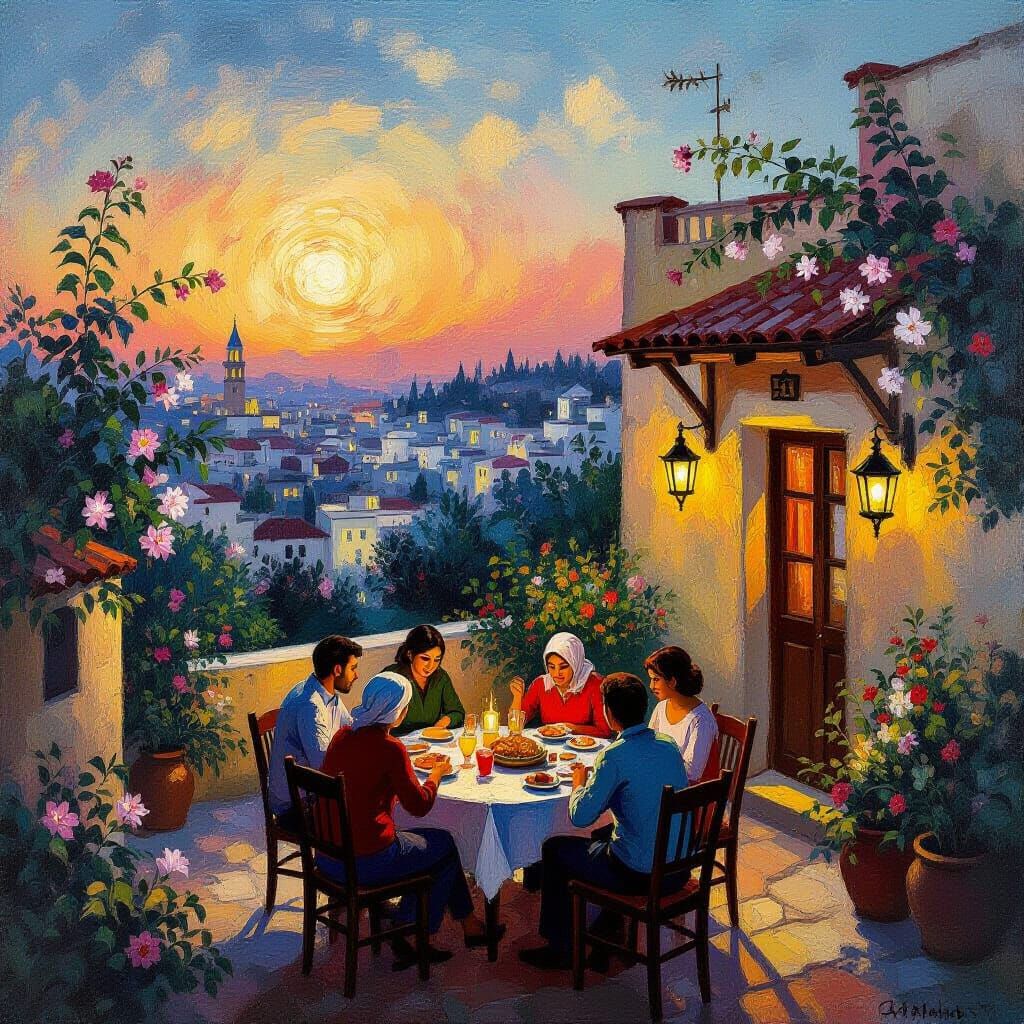 Warm Jerusalem Home at Dusk in Impressionistic Style