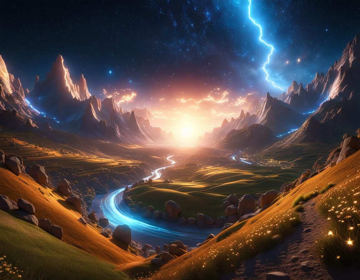Magical Valley of Light at Night: Hyperdetailed Digital Art