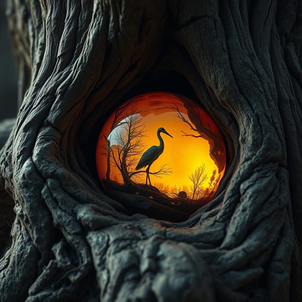 Tree Root Encasing Amber Landscape with Crane