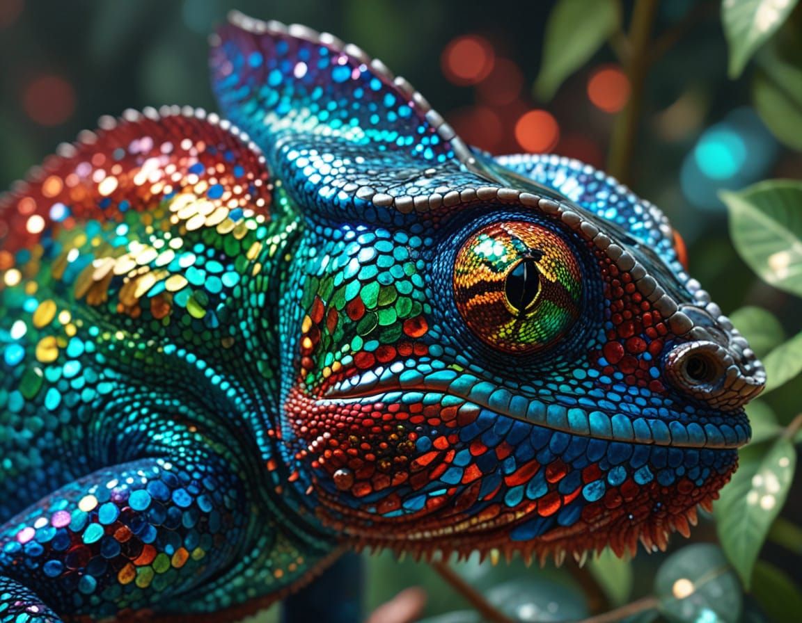 Vibrant Sequin Chameleon in Hyper-Realistic Digital Art