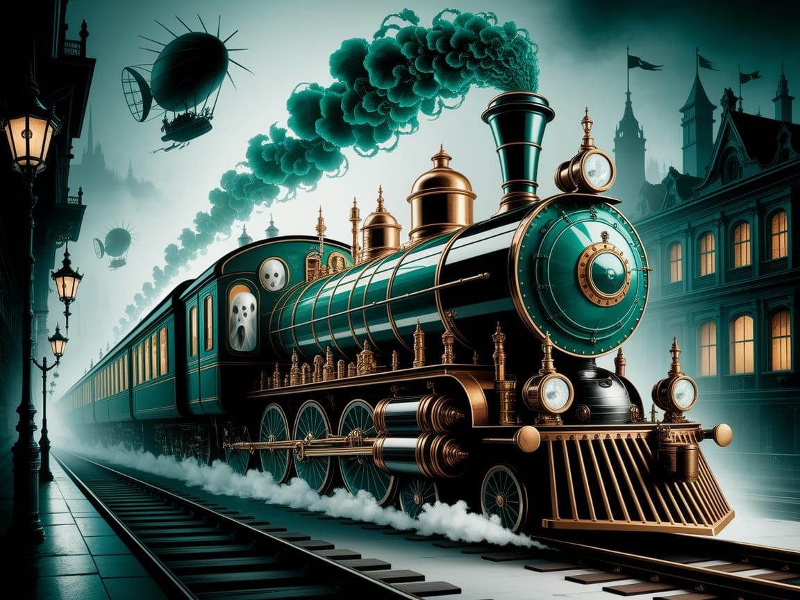 Emerald Steampunk Ghost Train in High Contrast Ink Style