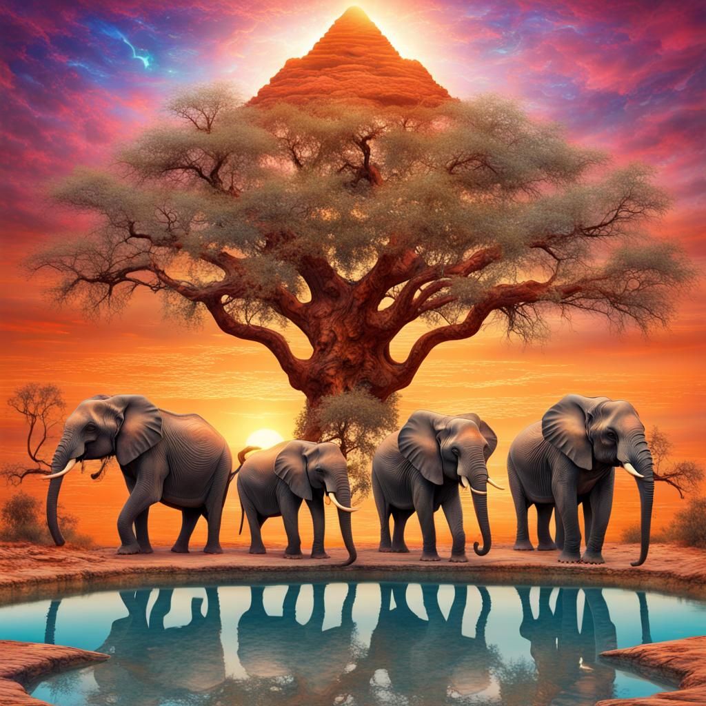 Elephants' Acrobatic Pyramid in African Sunset, Astral Illus...