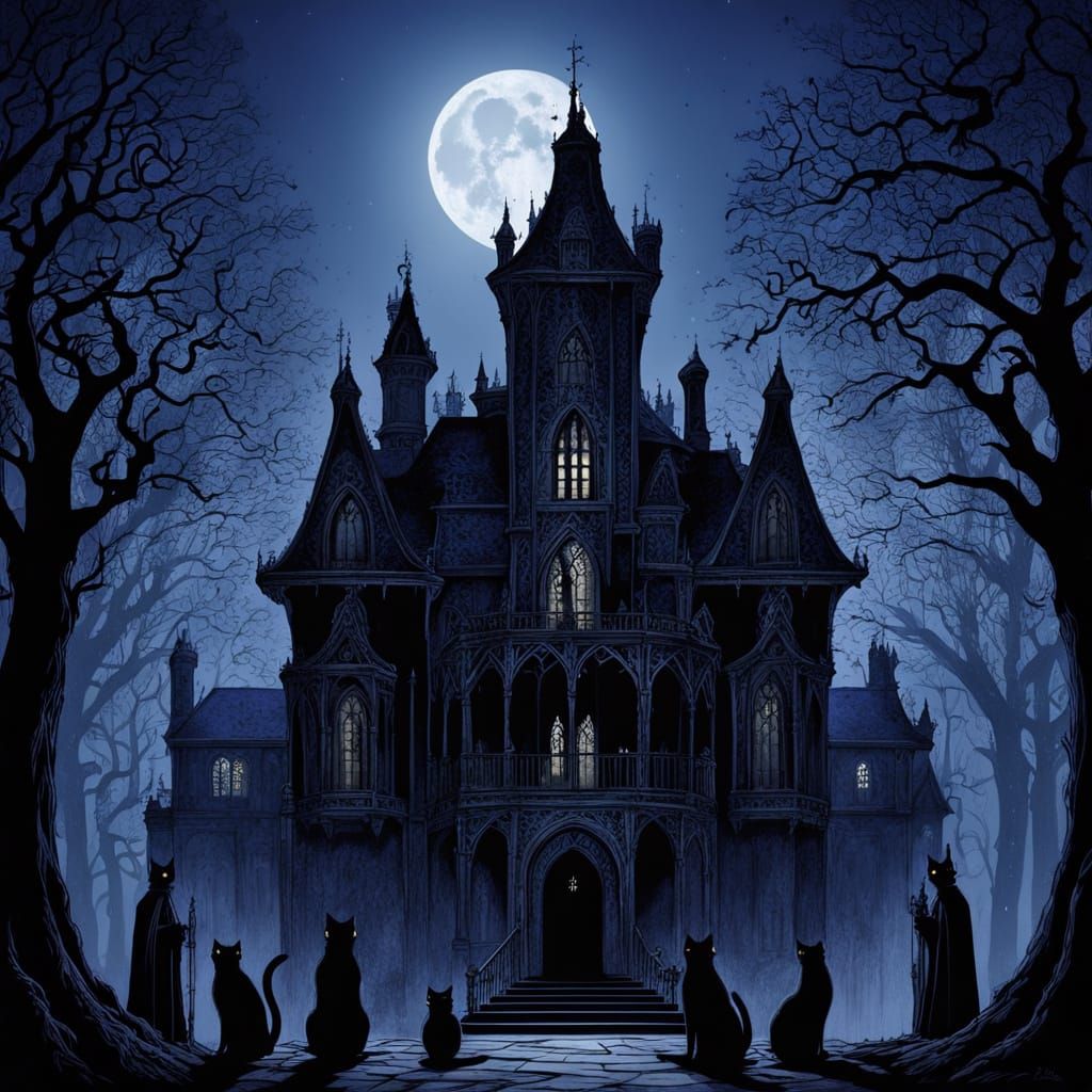 Gothic Black Cats Pose in Front of a Haunted Mansion