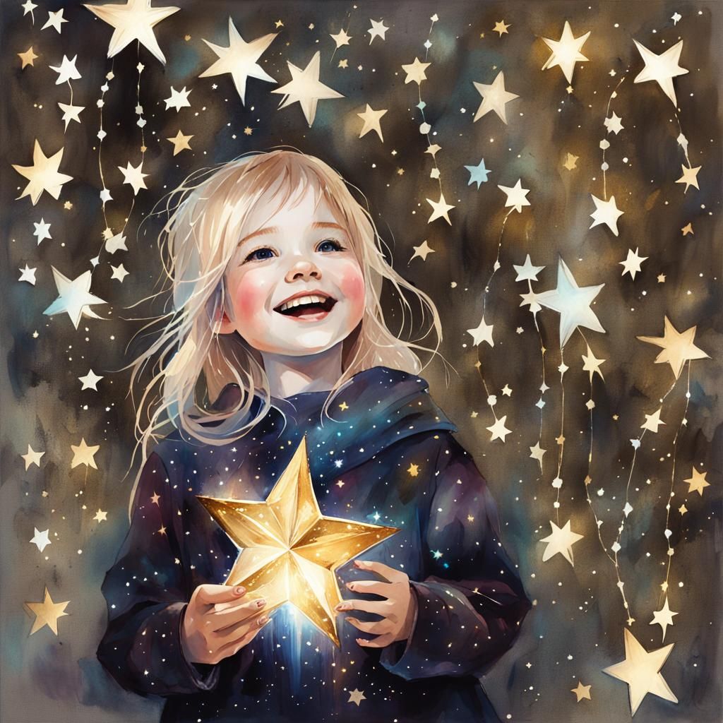 Watercolor of Girl with Glowing Star in Sky
