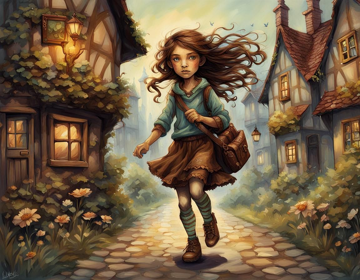 Tilly the House Brownie Running in Village Street