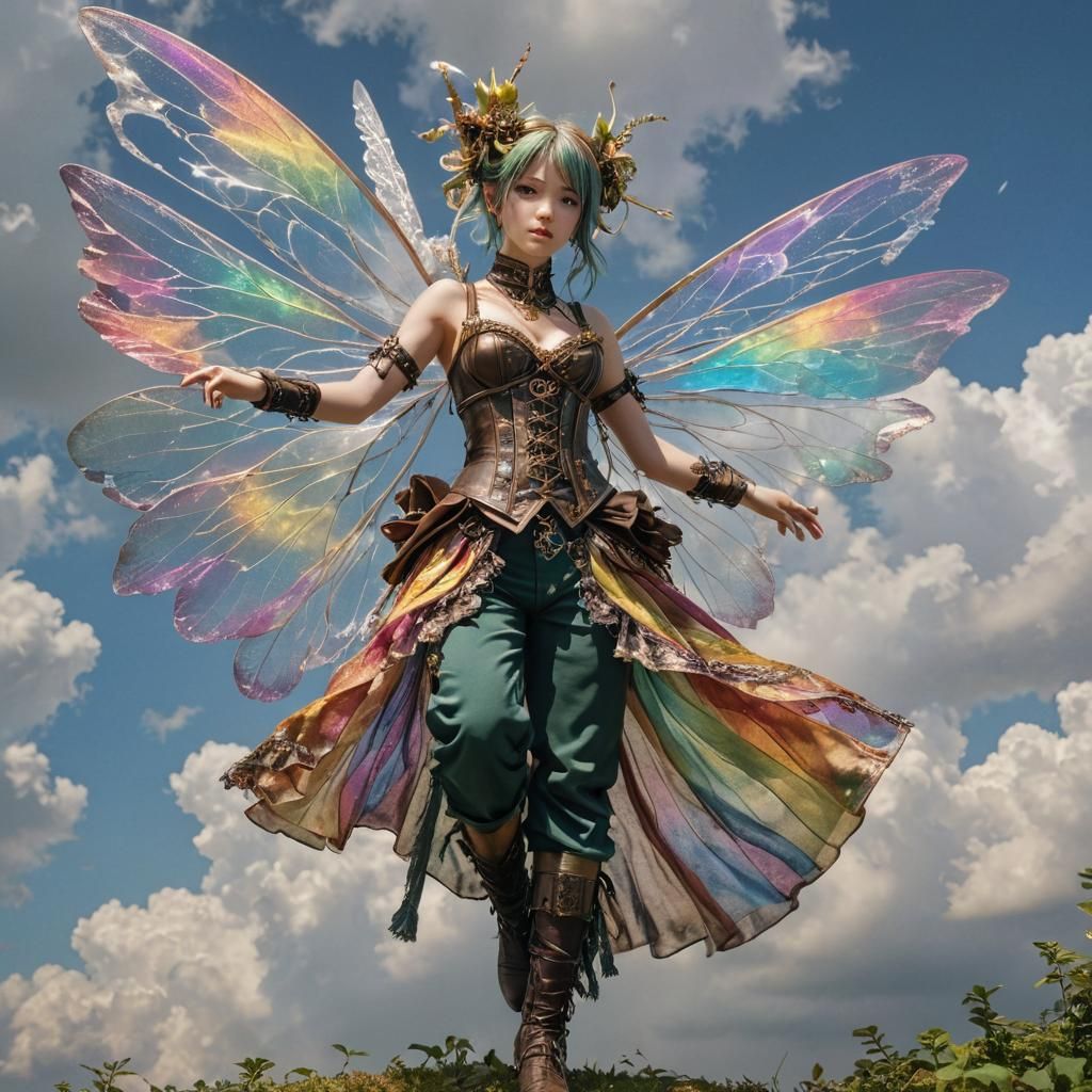 Steampunk Fairy Flies Through Rainbow Clouds: Anime Realism