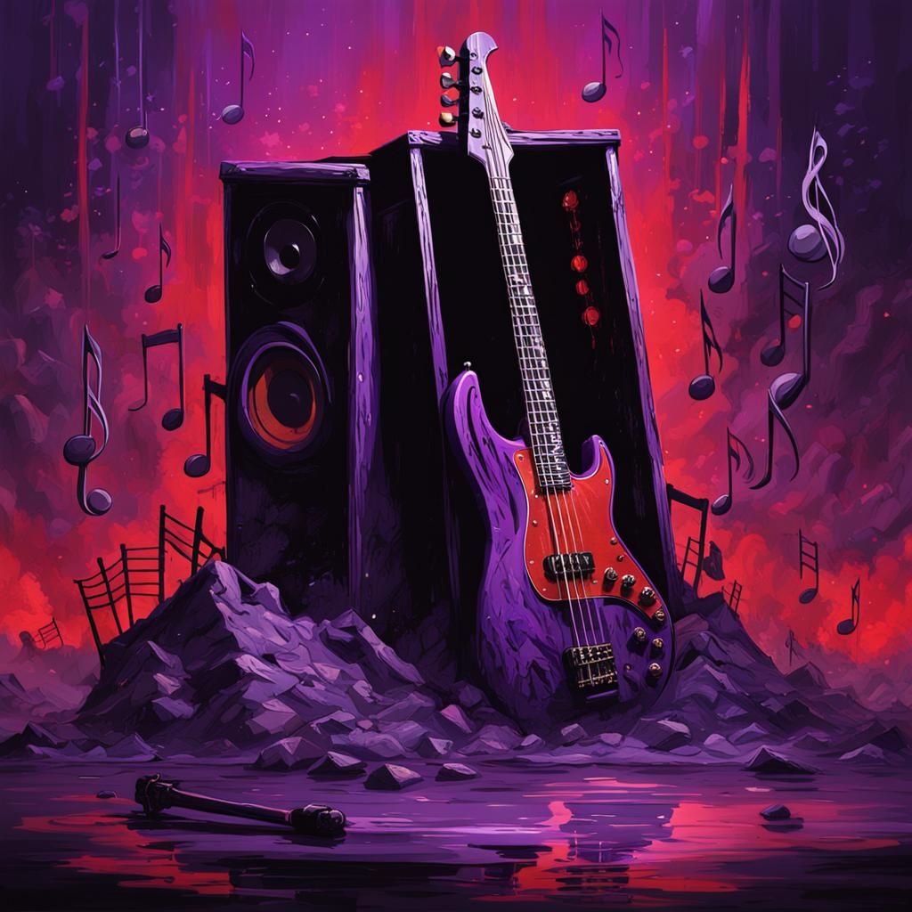 Speaker Box and Bass Guitar in Horror Art Style