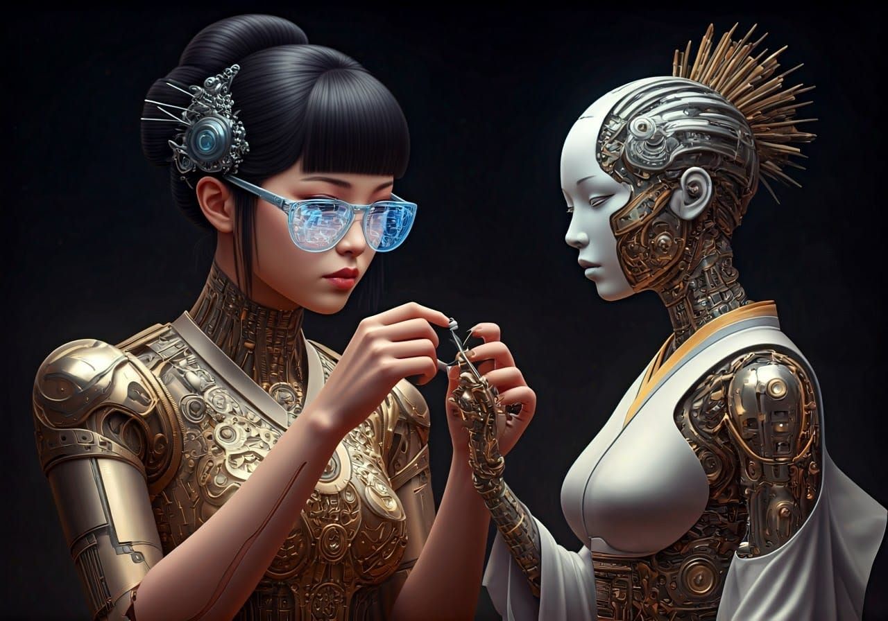 Woman Crafts AI Robot in Astral Illustration Style