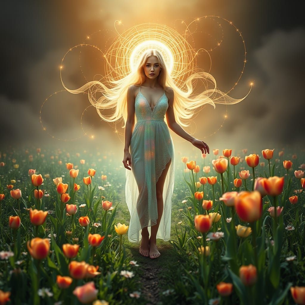 Ethereal Goddess of Whimsy and Strength in Vibrant Floral La...