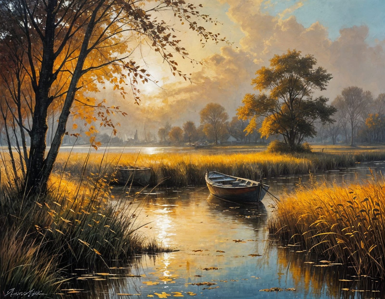 Ethereal Autumn Sunset With Boat in Oil Painting Style