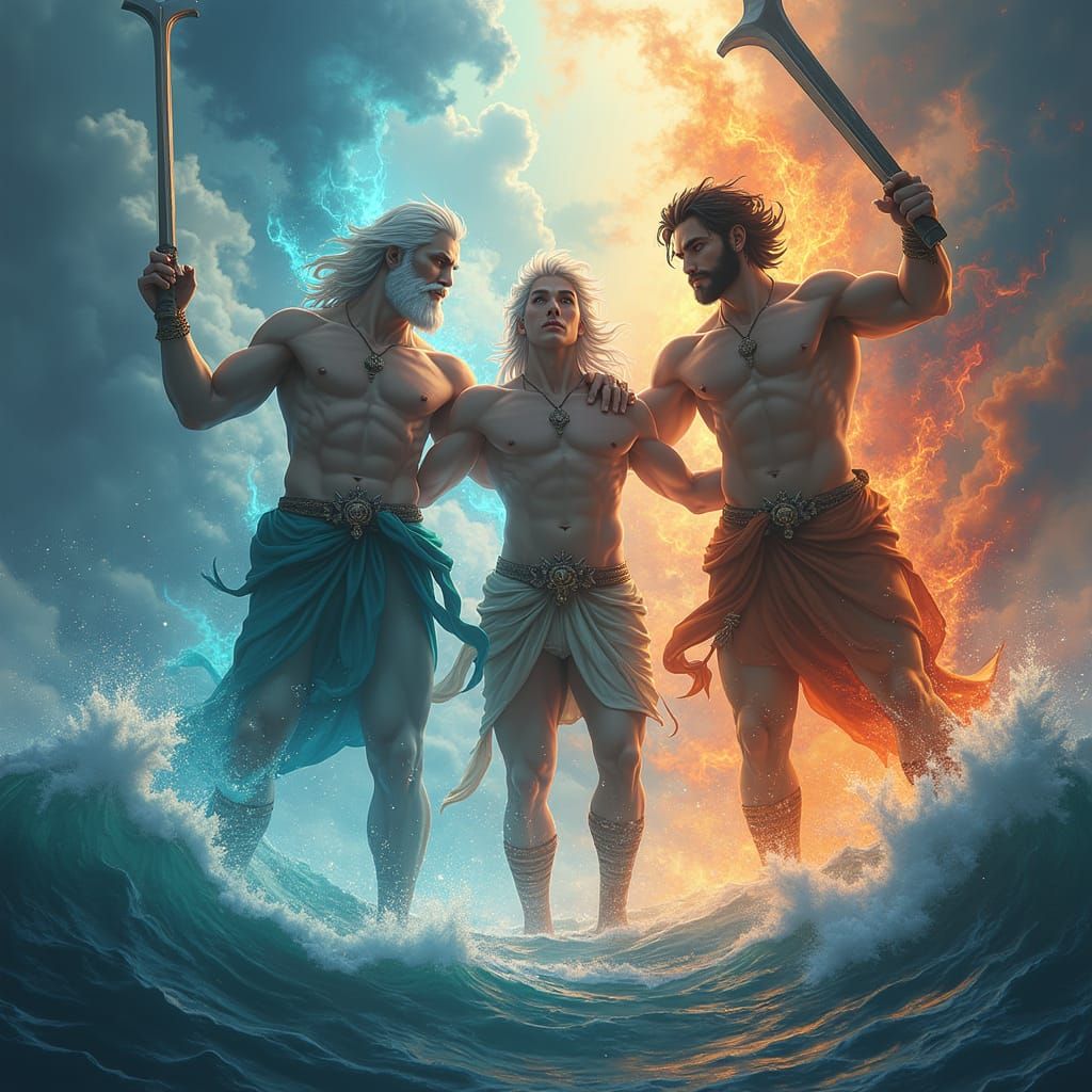 Conjoined Greek Gods Zeus, Poseidon, Hades in Mythological A...