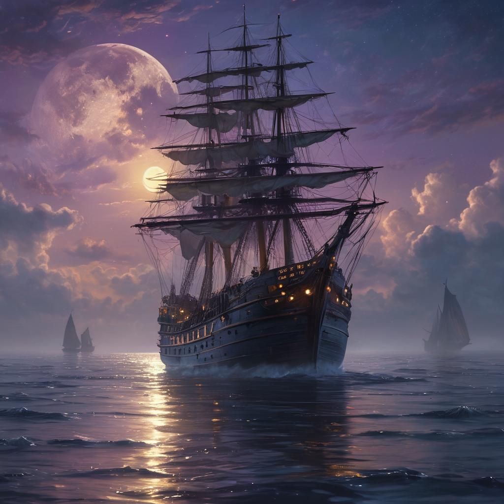 Ethereal Ship Sails Under Moonlight in Fantasy Art