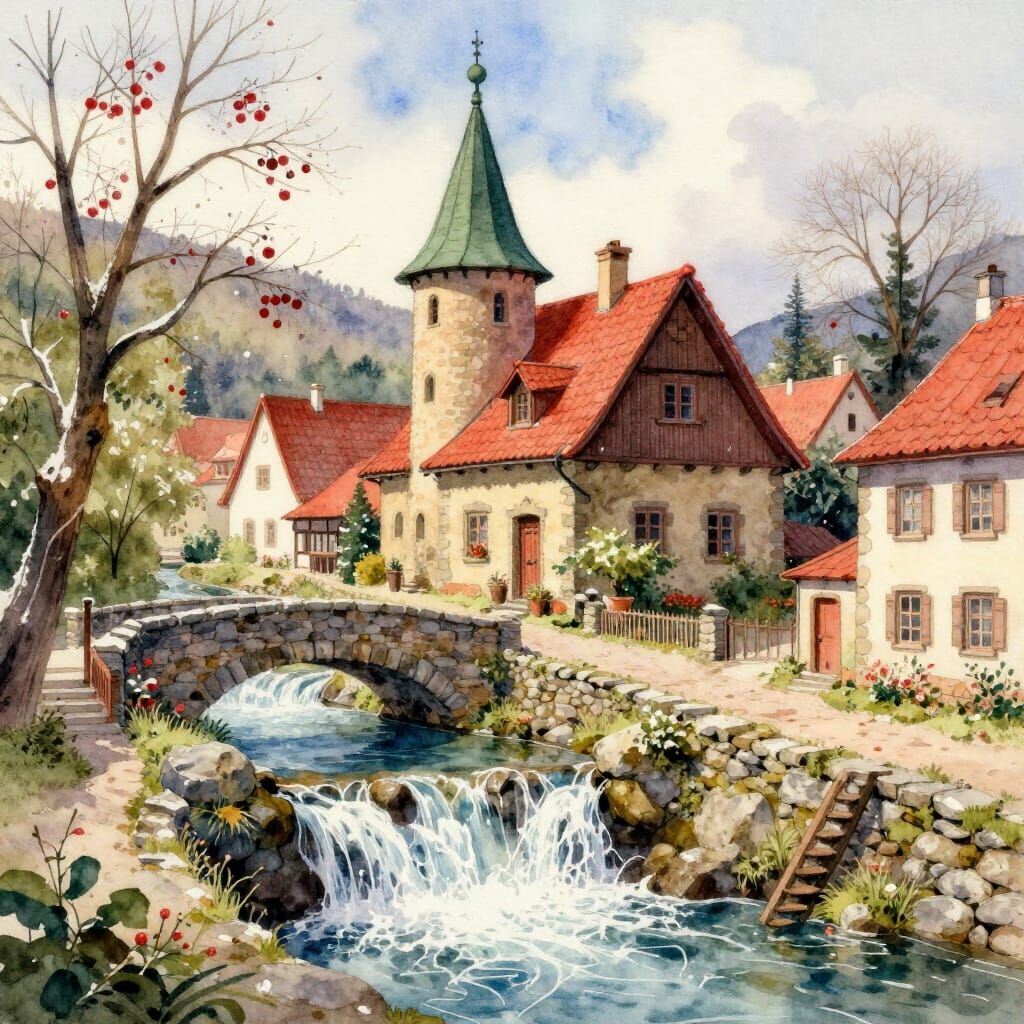 Watercolor European Village in Winter Landscape