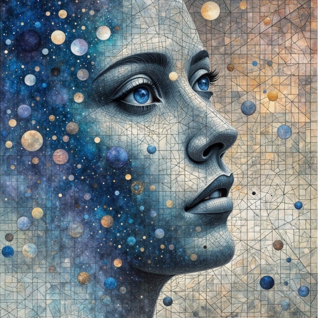 Mysterious Female Face Emerges from Vibrant Cubist Landscape