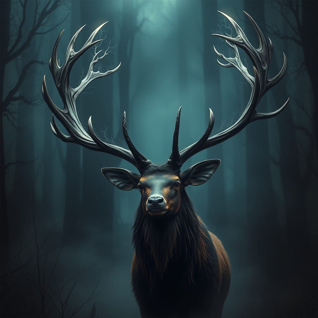 Ethereal Stag in Mystical Dark Fantasy Forest