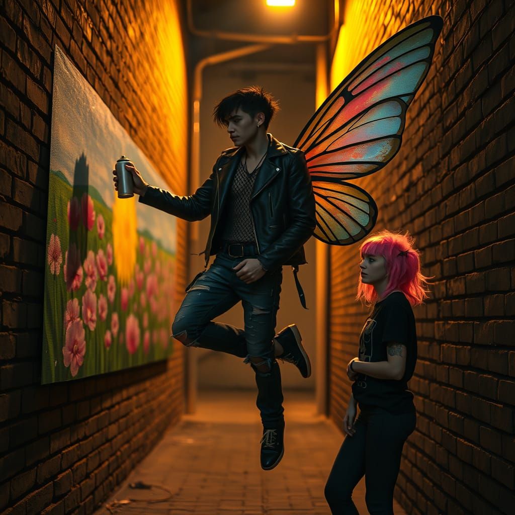 Androgynous Male Fairy Paints Vibrant Mural in Dimly Lit All...