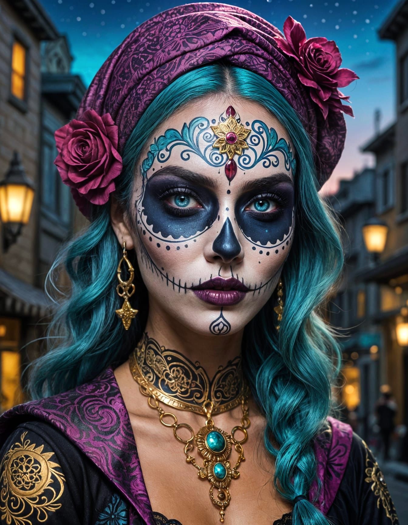 Woman With Vibrant Sugar Skull Makeup and Floral Accents