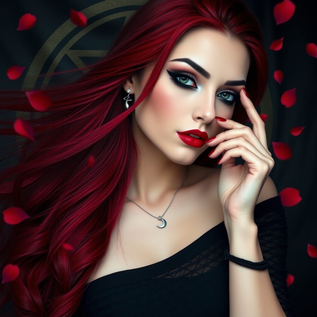 Striking Goddess with Flowing Red Hair and Pentagram