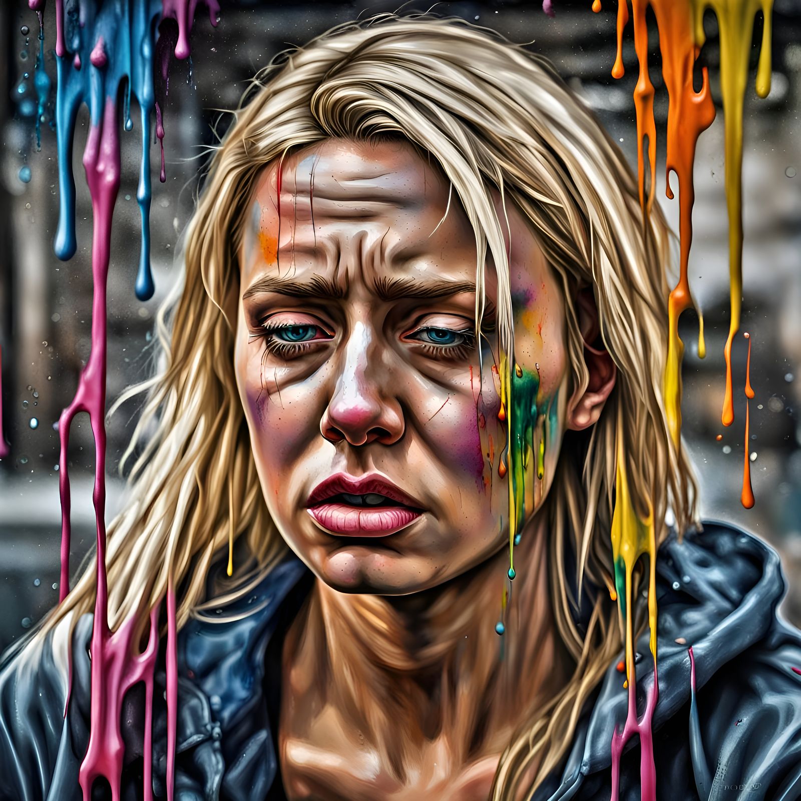 Grief-Stricken Woman Crying Tears of Color in Graffiti Art