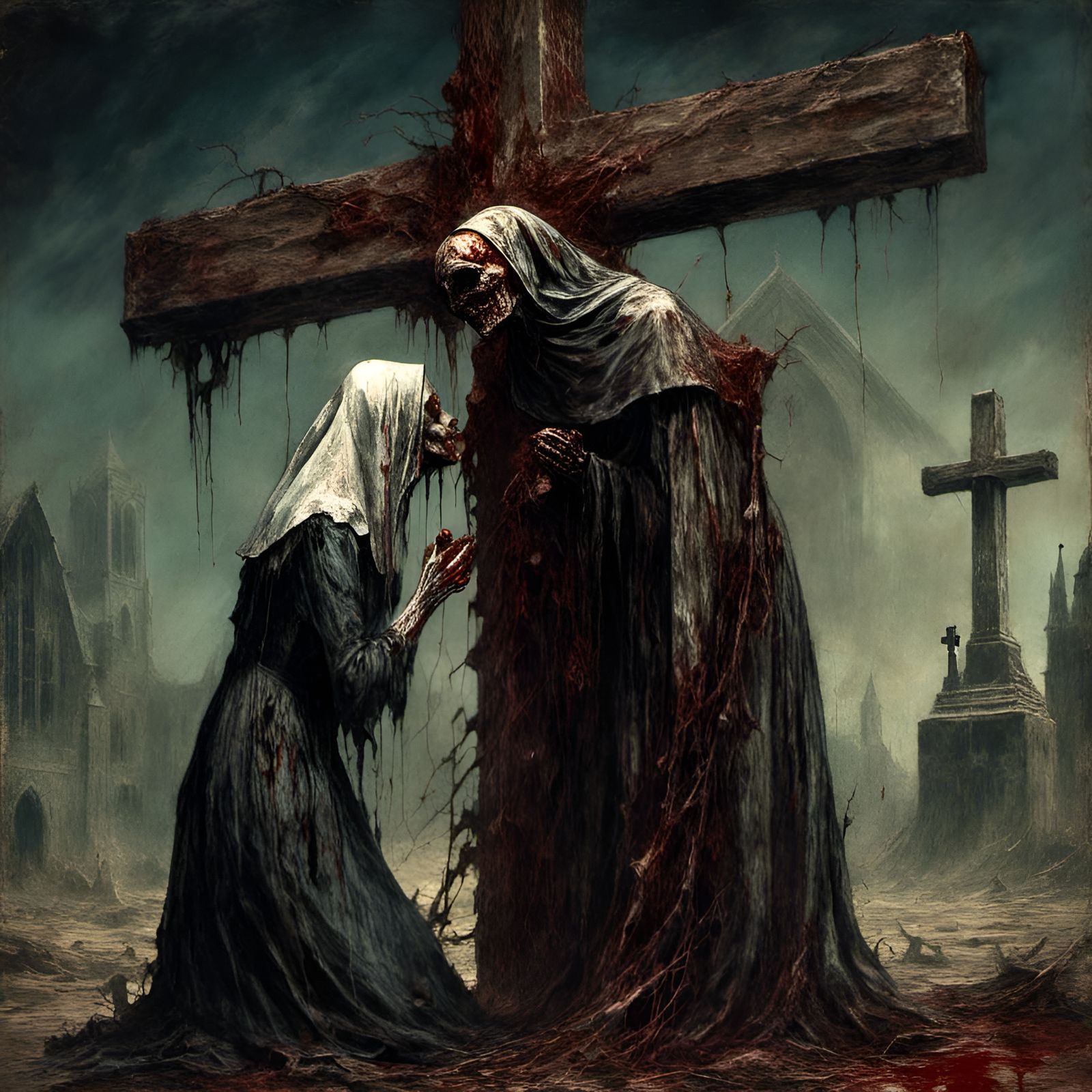 Zombie Nuns Kissing in Macabre Horror Illustration