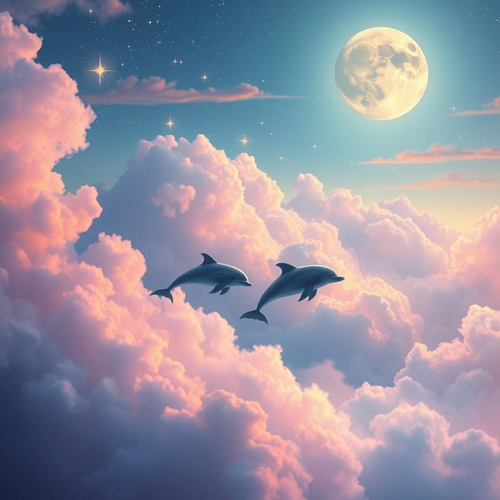 Ethereal Fantasy Dolphins Swimming Among Clouds