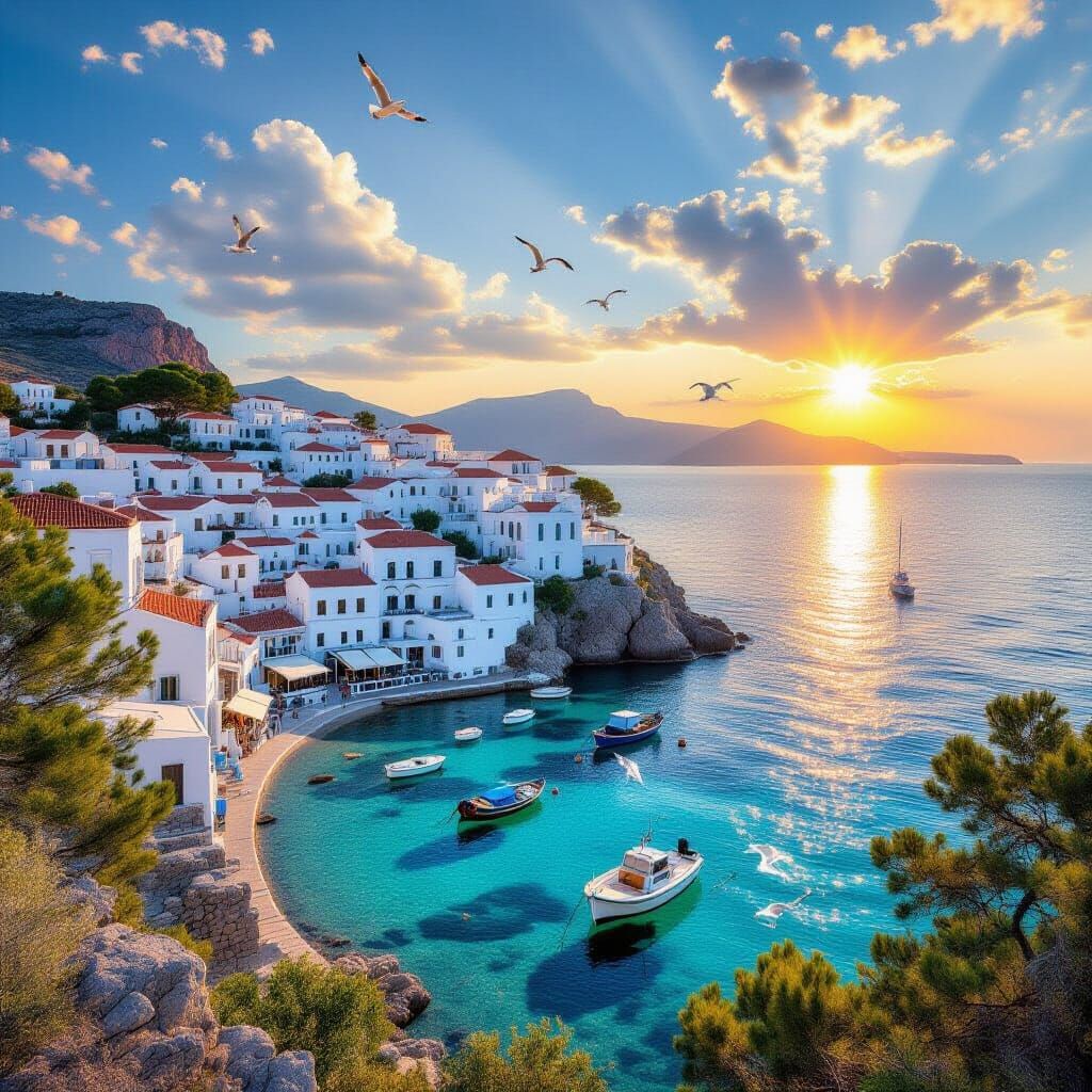 Idyllic Greek Village at Sunset: Photorealistic Clarity