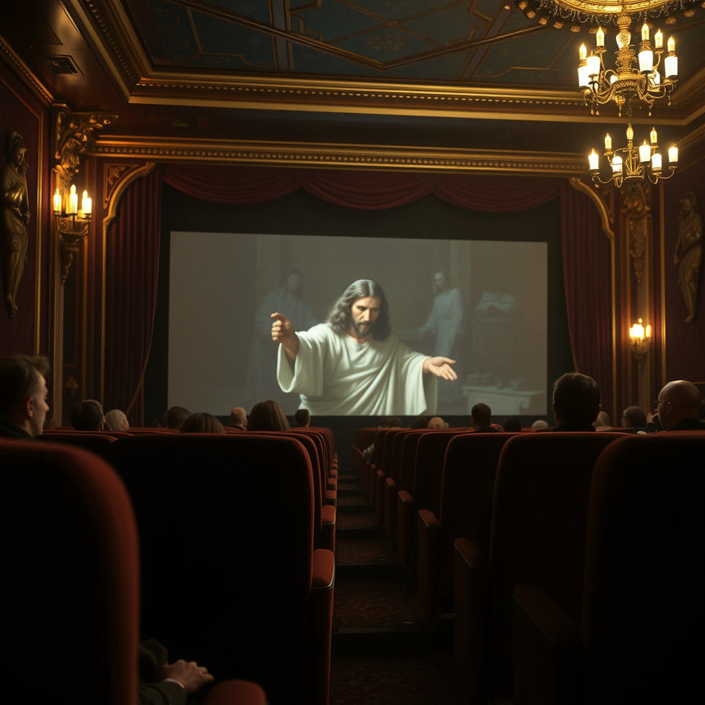 Indoor Cinema Showing Jesus Film in Dreamlike Style