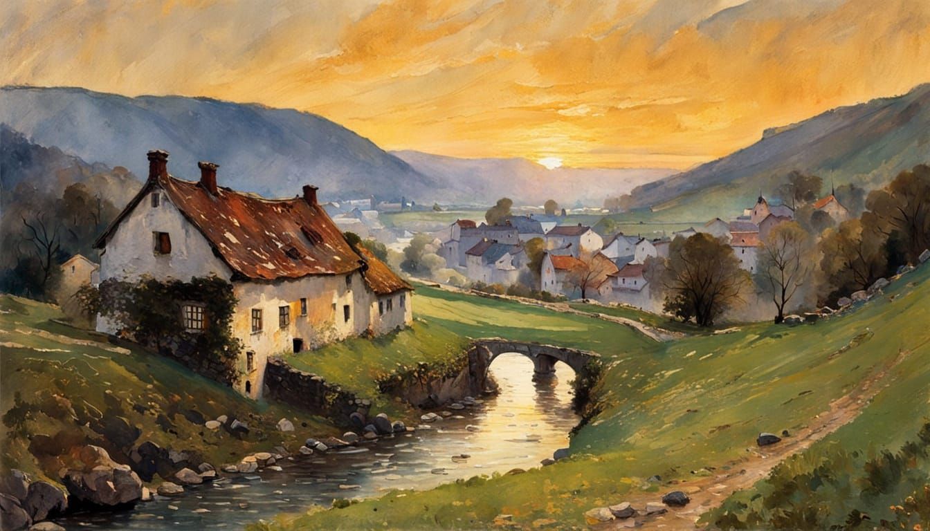 Watercolor Valley Scene with Old House at Sunrise