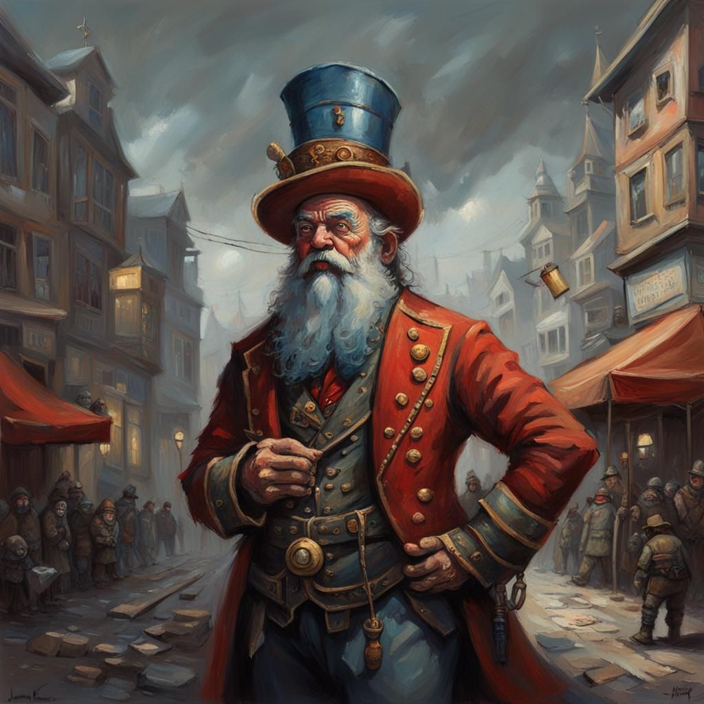 Dwarf Ringmaster in Post-Apocalyptic Town, as Oil Painting
